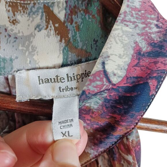 Haute Hippie Boho Abstract Watercolor Tunic Blouse XL | Tie Neck High Collar Top - Picture 7 of 8
